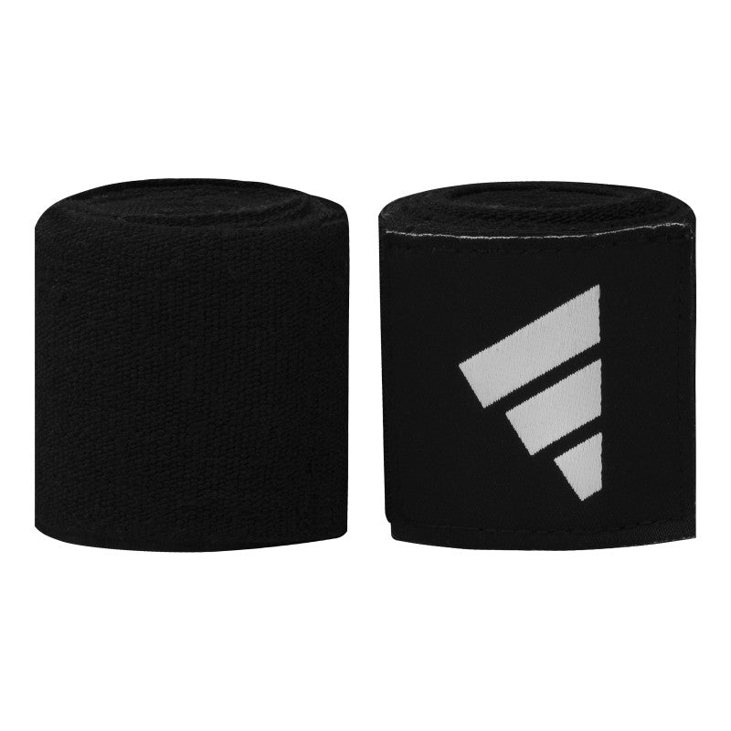 Pair of black boxing wrist wraps in a roll.