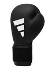 Black boxing glove with a white logo on a white background