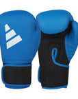 Blue boxing gloves with black accents and a logo on a white background