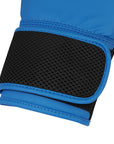 Close-up of a blue and black glove with mesh design on a white background