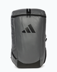 A grey backpack with black straps, suitable for sports training.