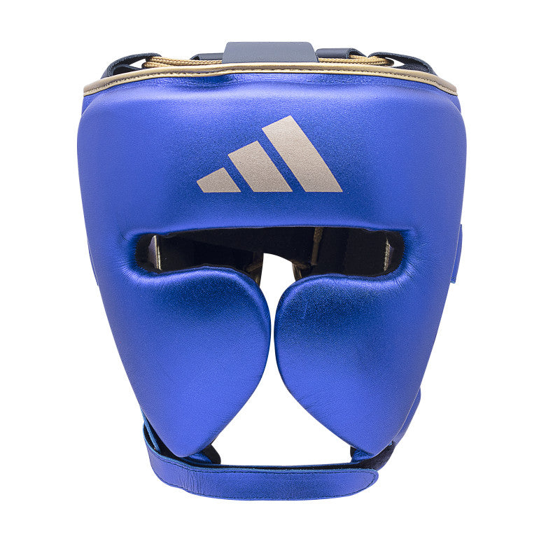 Blue adidas boxing helmet with white logo for head protection.
