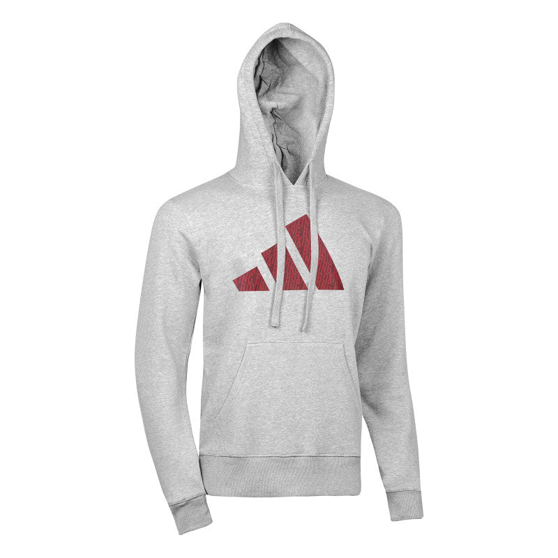 Gray hoodie with a red logo on a white background