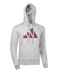 Gray hoodie with a red logo on a white background
