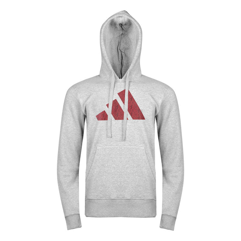 Gray hoodie with a red adidas logo on a white background