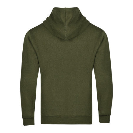 Green hoodie shown from the back on a white background