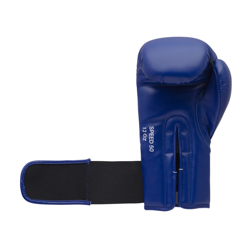Blue boxing glove with black straps for secure fit.