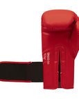 Red boxing glove with a black strap, suitable for training and competitions.