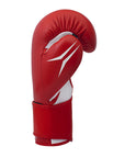 Red boxing glove with a white logo on a white background
