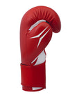 Red boxing glove with a white logo on a white background