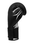 Black boxing glove with a brand logo on a white background