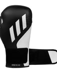Black and white boxing glove with brand logo on a white background