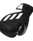 Black boxing glove with white stripes on a white background