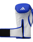 White boxing glove with blue accents and Adidas logo on a white background
