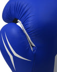 Blue boxing glove with white logo on a white background