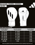 Adidas boxing gloves size chart with weight guidelines on a black background