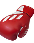 Red boxing glove with white accents on a white background