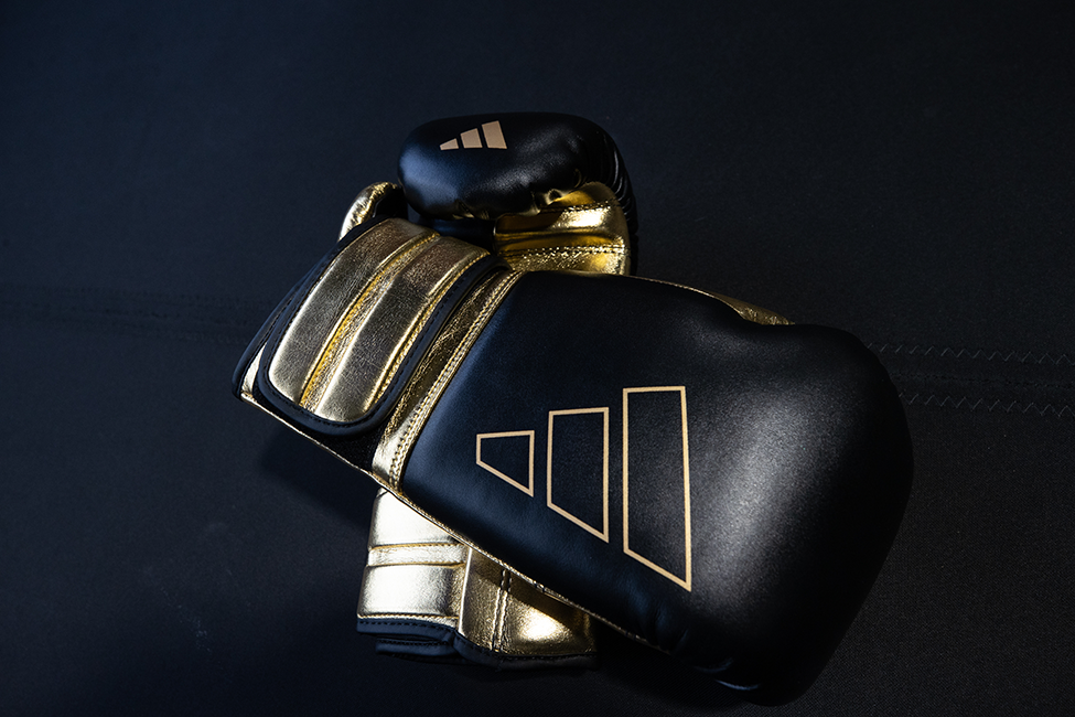 Black and gold adidas Combat Sports boxing gloves on black background. 