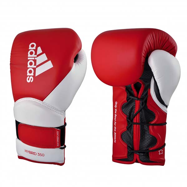 Red and white adidas boxing gloves, 14 oz size.