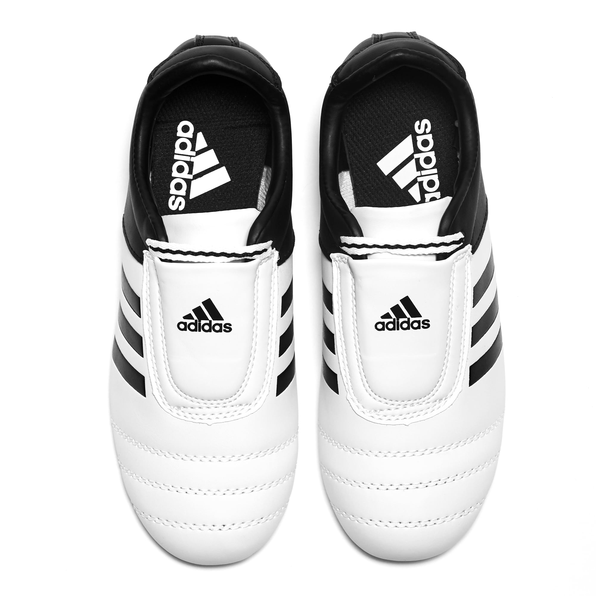 Pair of white and black Adidas Adi-Kick II taekwondo shoes.