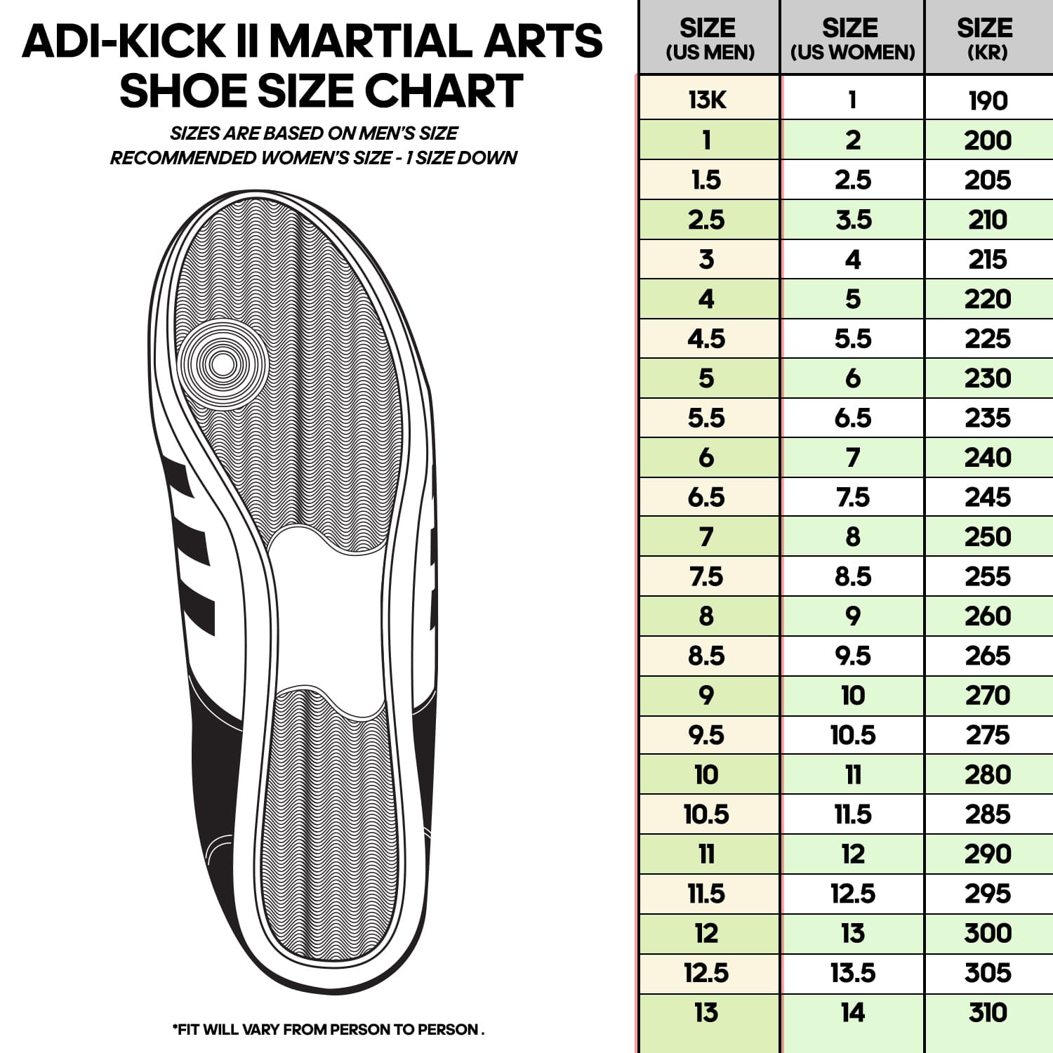 Shoe size chart with diagram for Adidas Adi-Kick II shoes.