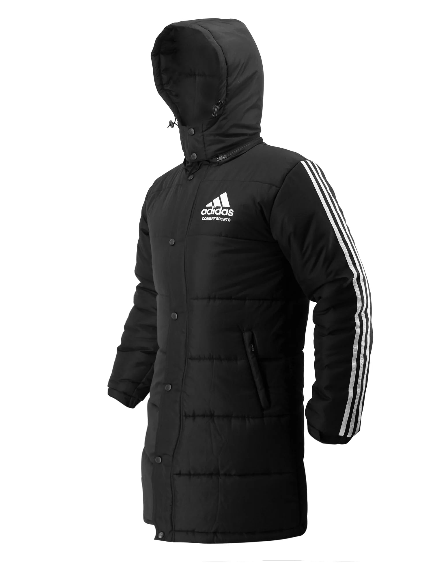 Black coat with white stripes for adidas Combat Sports Winter Jacket.