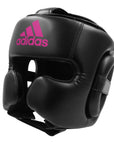 Black boxing helmet with pink logo displayed.