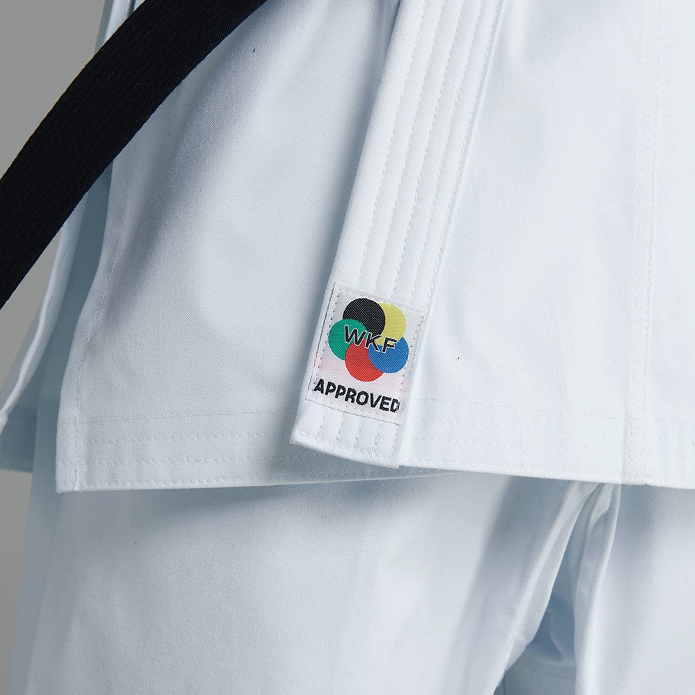 Close-up of white karate uniform size 150.