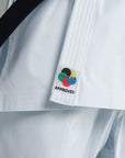 Close-up of white karate uniform size 150.