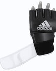 A single black and white adidas grappling training glove.