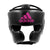 Black boxing helmet with pink adidas logo.