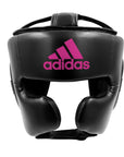 Black boxing helmet with pink adidas logo.