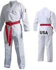 A white karate uniform with a red belt.