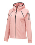 Pink jacket with a hood on a white background.