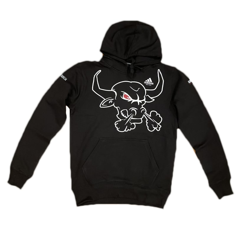 Black hoodie featuring a cartoon, Robert Garcia tribute.