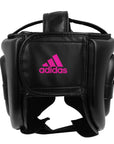 Black head guard with pink adidas logo.