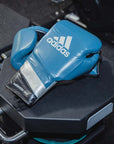 Blue boxing glove on black and silver exercise machine.