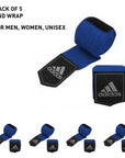 Blue and black hand wraps for boxing protection.