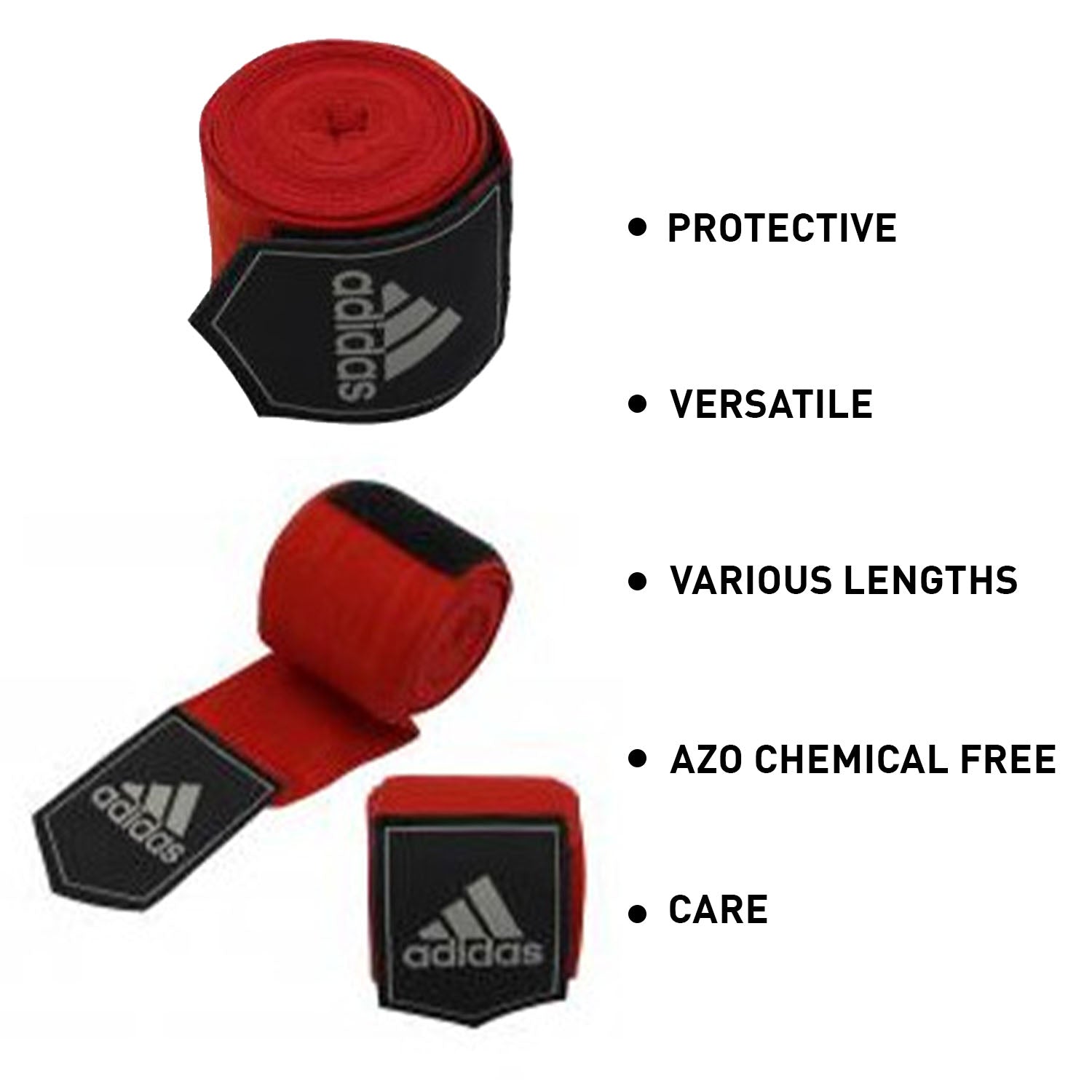 Red and black bandages for boxing hand protection.