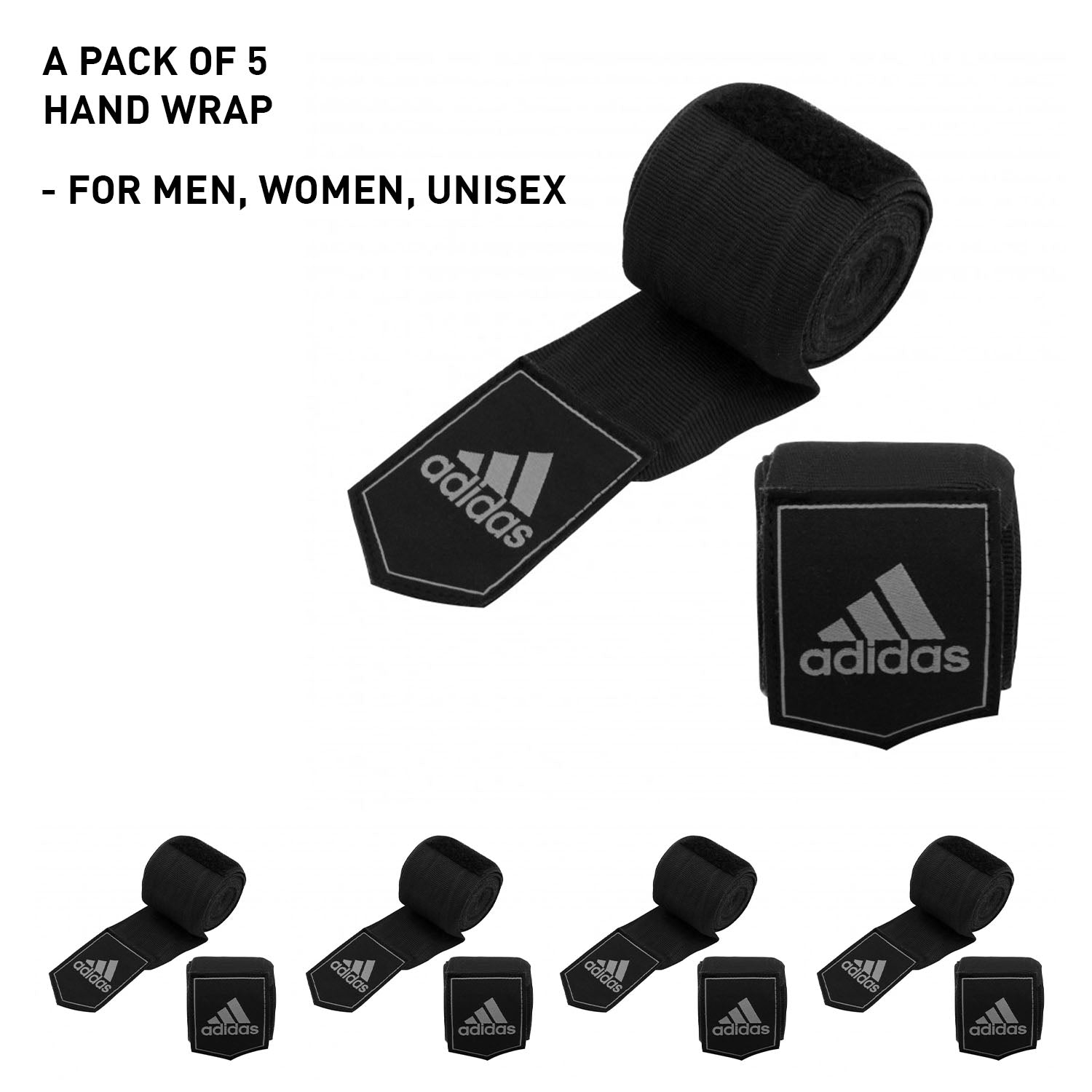 Black hand wraps with white Adidas logo for boxing.