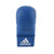 Blue boxing glove with white logo on white background.