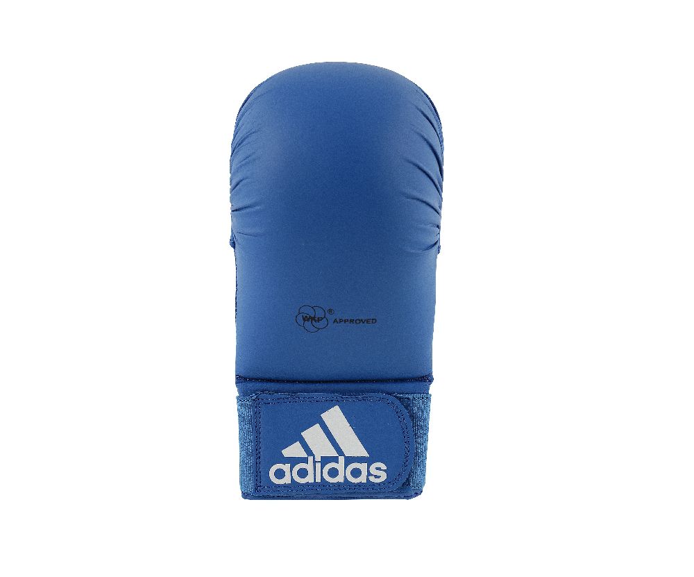 Blue boxing glove with white logo on white background.