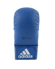 Blue boxing glove with white logo on white background.