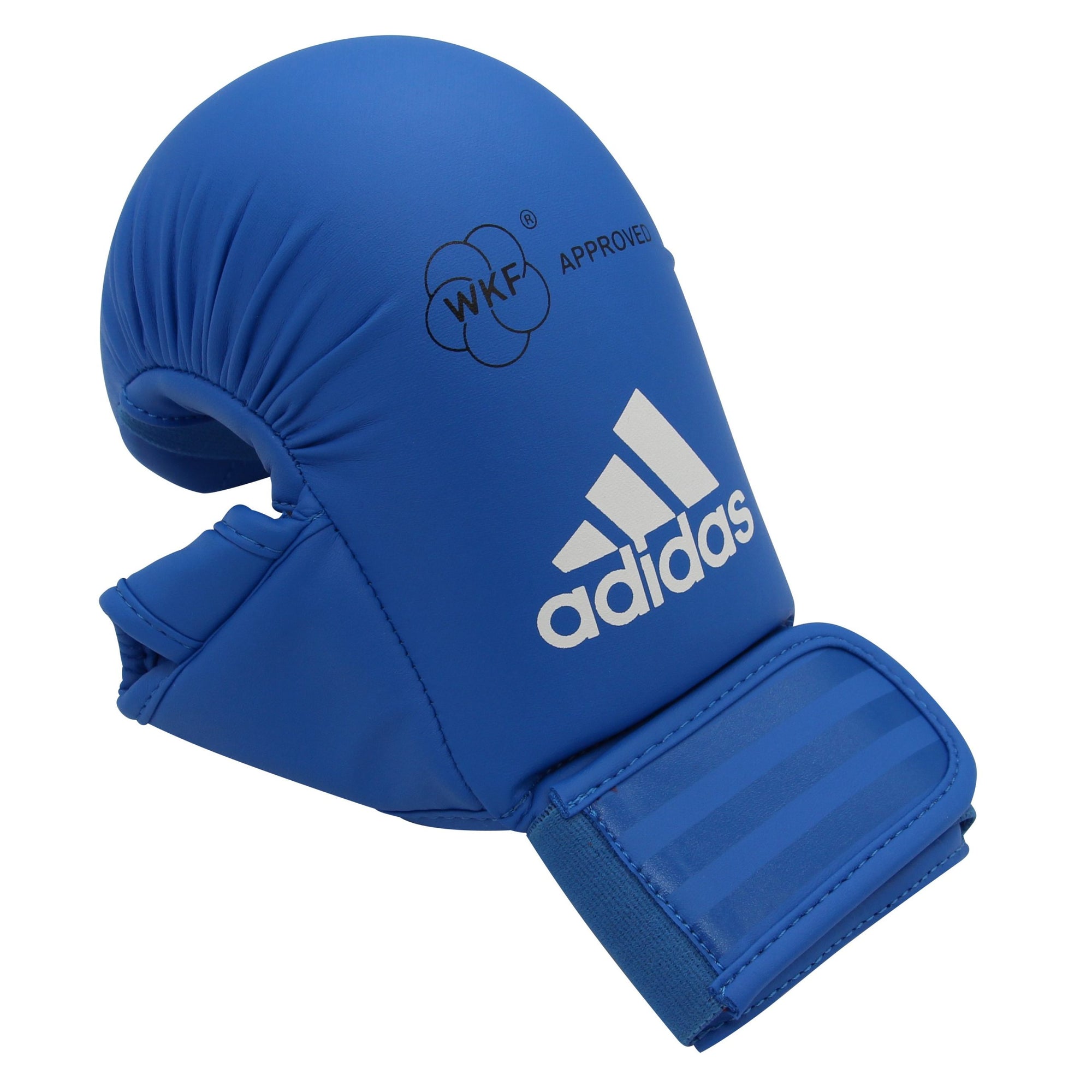 Blue boxing glove with white text, side view.