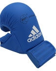 Blue boxing glove with white text, side view.