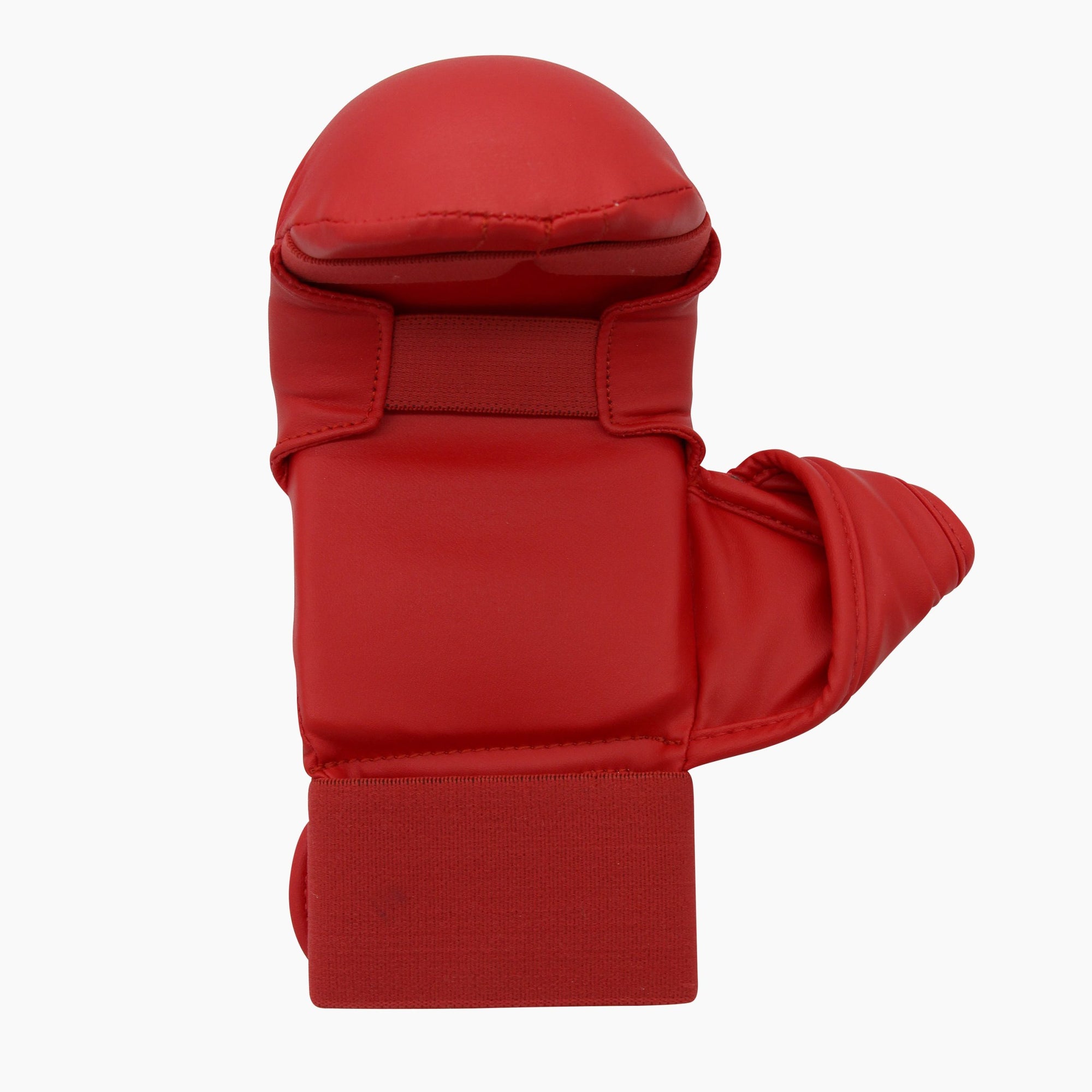 Red boxing glove with thumb on white background.