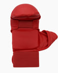 Red boxing glove with thumb on white background.