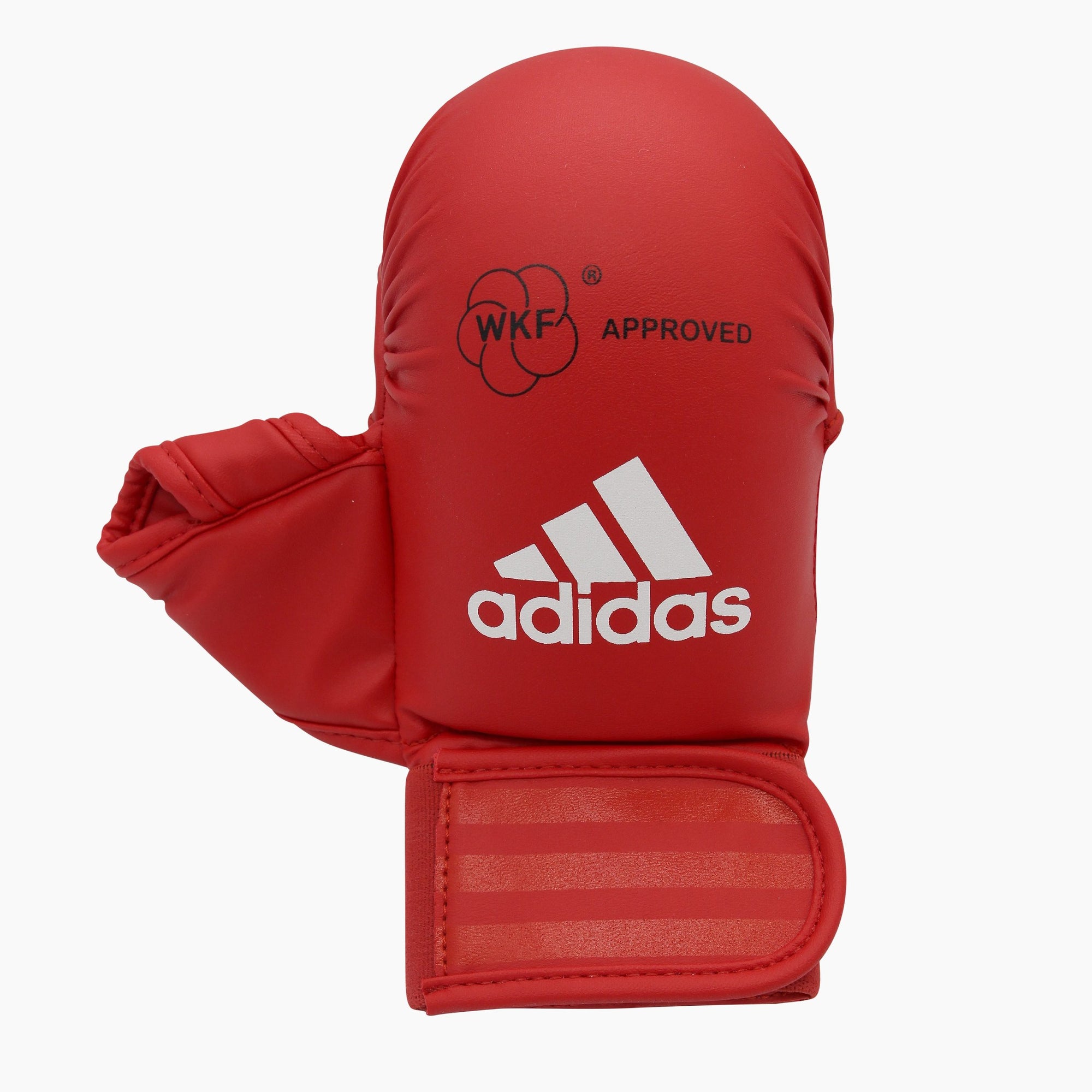 Red boxing glove with white text, size XS, adidas WKF approved mitt.