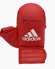 Red boxing glove with white text, size XS, adidas WKF approved mitt.