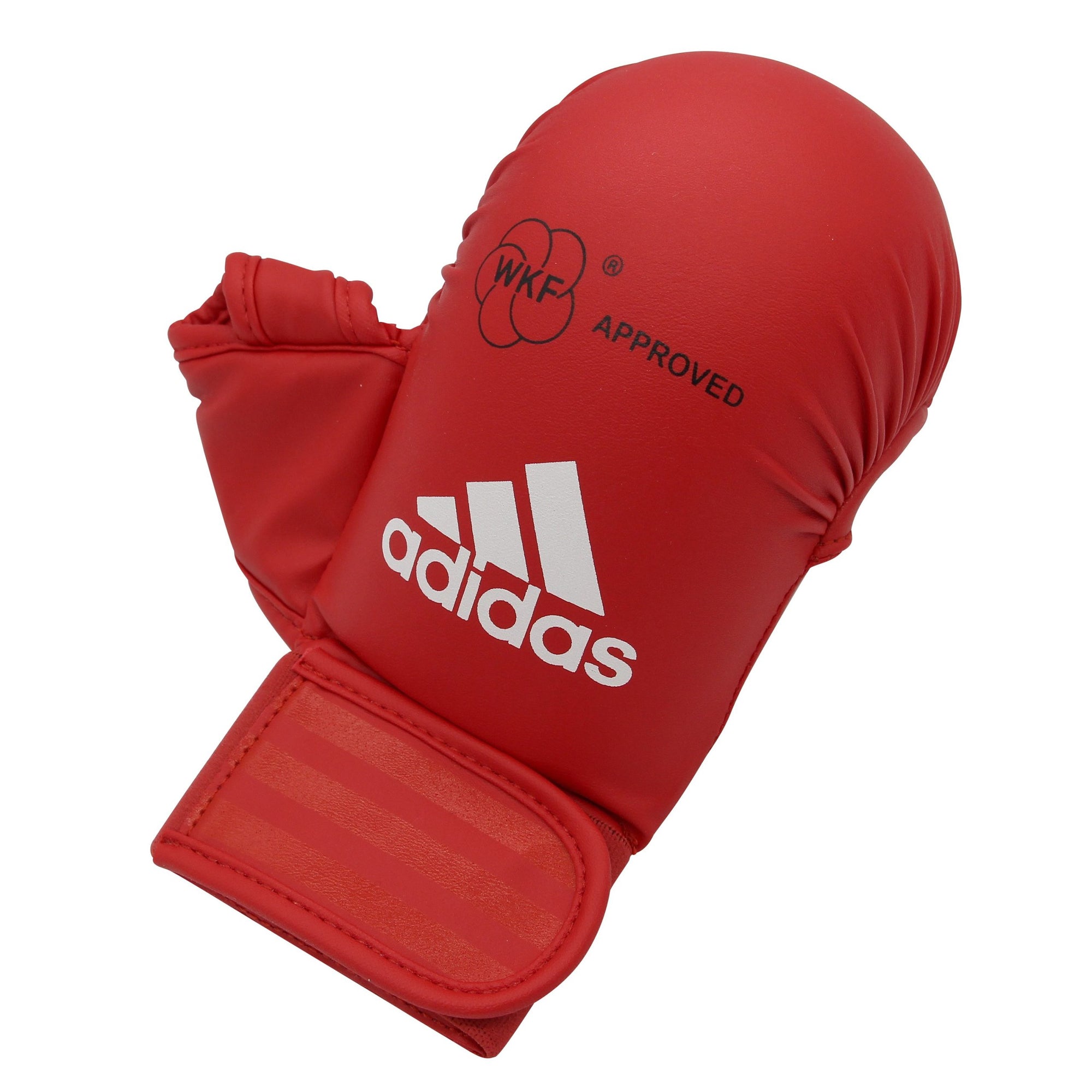 Red boxing glove with white text, size S, adidas WKF approved mitt.